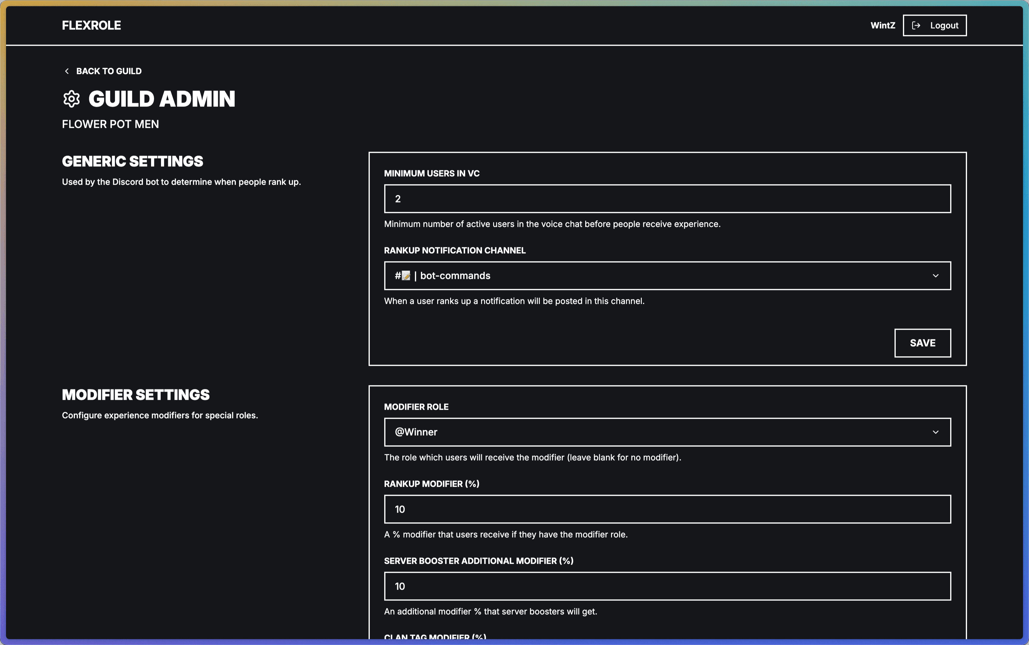 FlexRole Admin Panel - Role configuration and settings